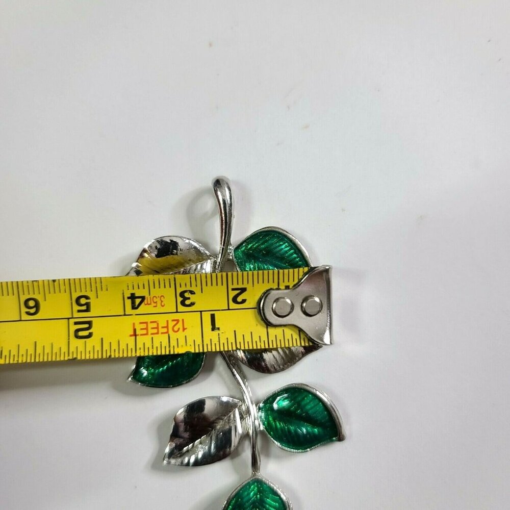 Multi Leaf Pendant Silvertone + Green 3" Long 1.5" Wide Polished Shiny - Picture 4 of 8